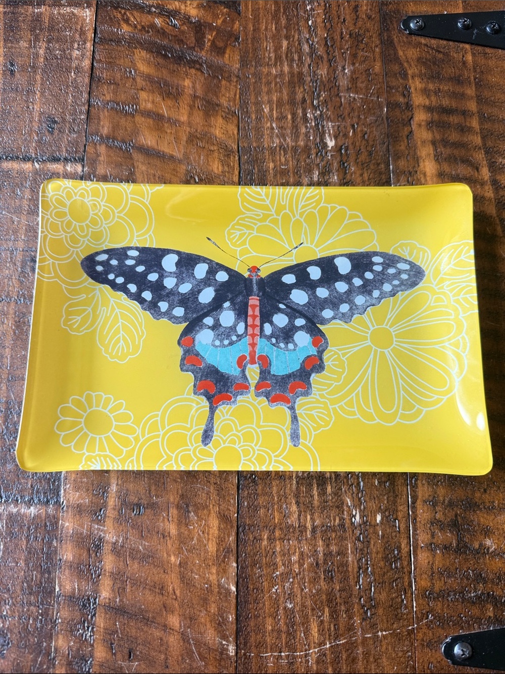Yellow Butterfly Floral Decorative Glass Plate Tray 9” x 6”
